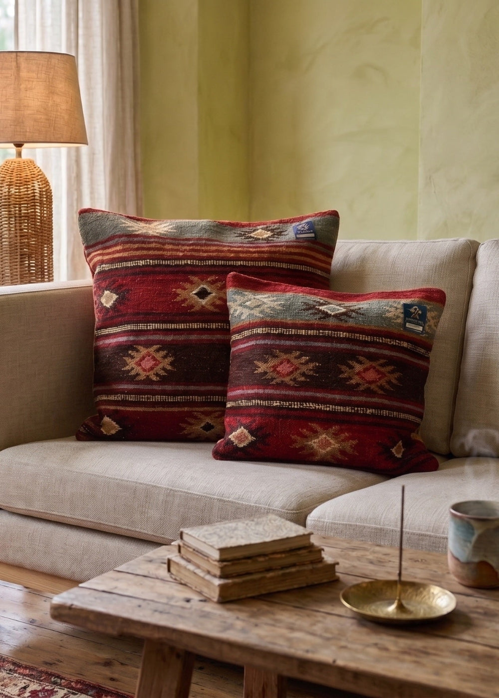 Zanskar Kilim Cushion Covers on a beige sofa
