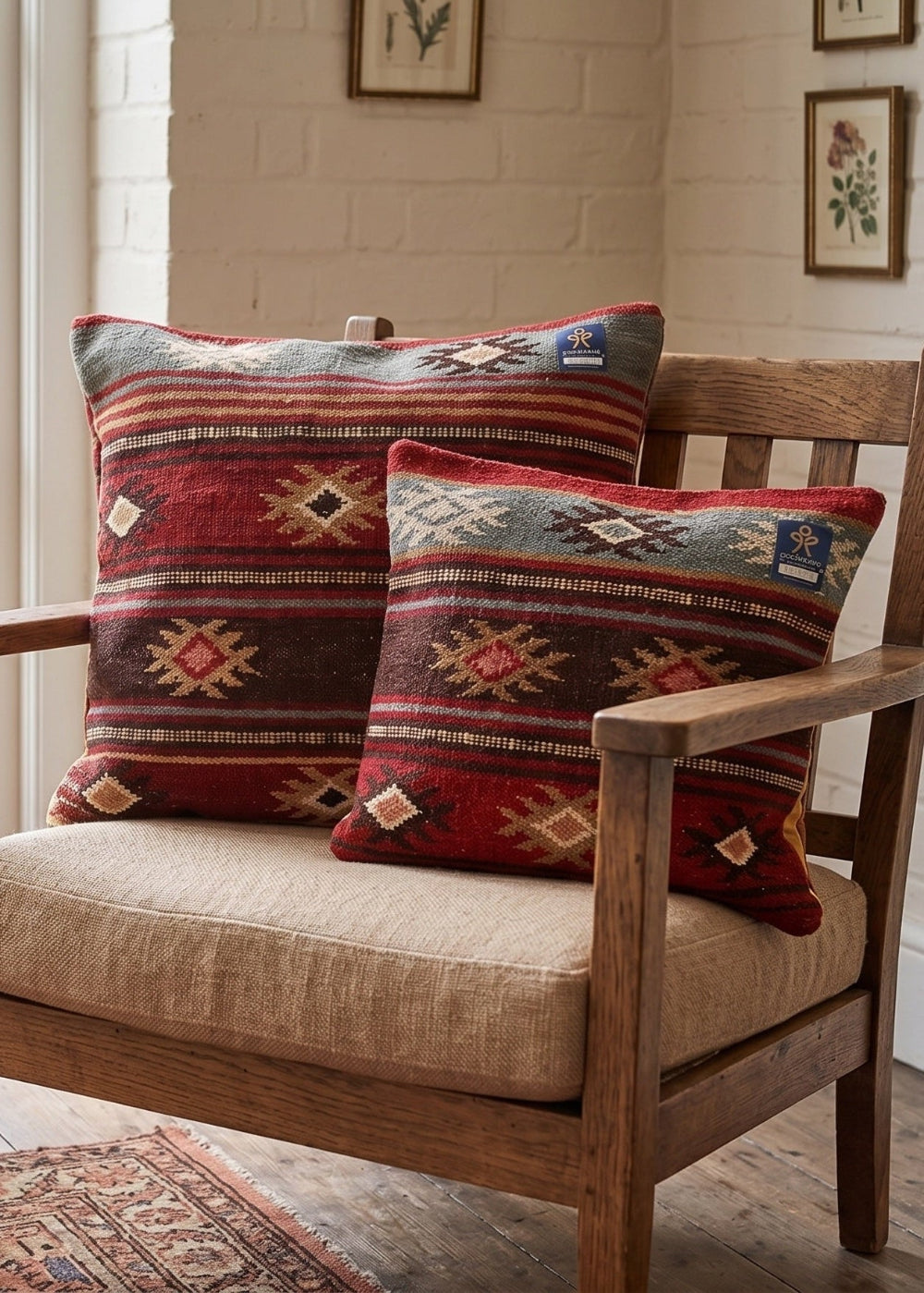 Wooden chair with patterned cushions in a cosy room with a rug and small table.
