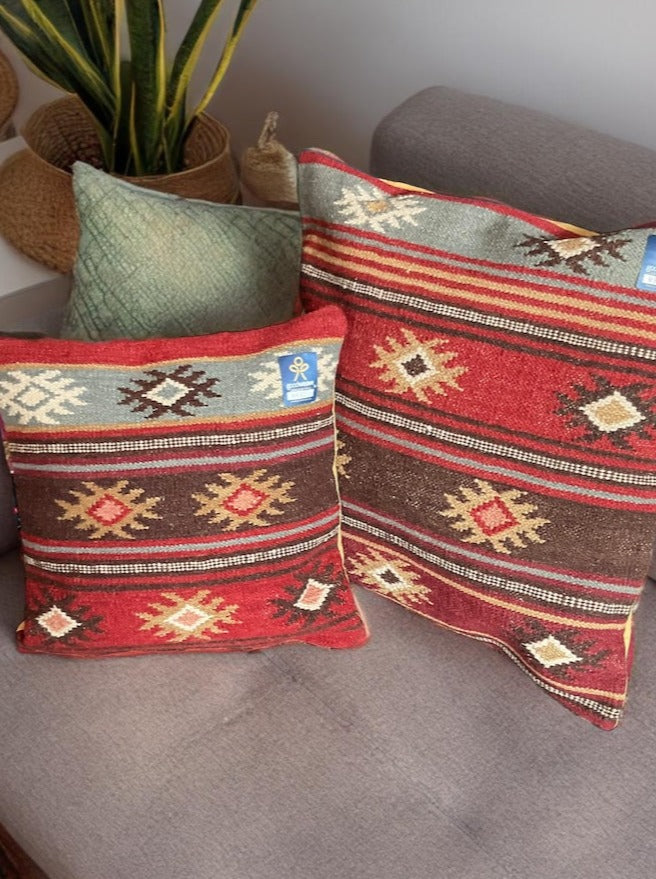 Stripes Turkish kilim pillow store with pom pom - rustic home decor