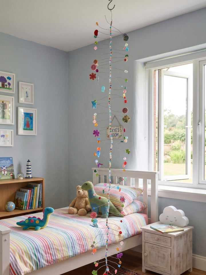 A colourful children's bedroom featuring a white single bed with pastel striped bedding, a hanging mobile, a wooden bookshelf, and a window looking out onto greenery.