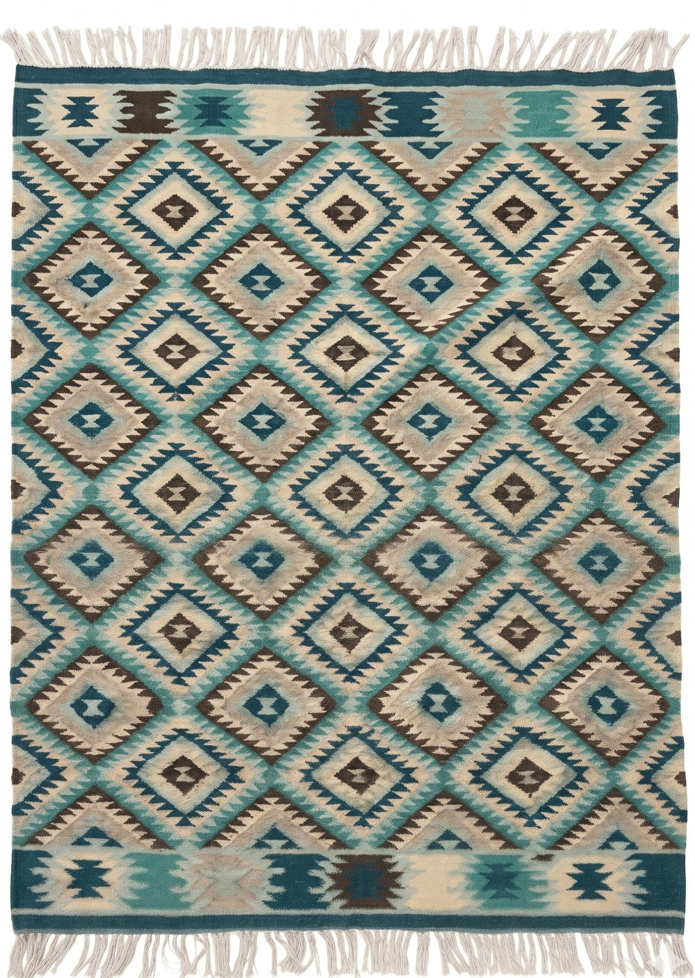 Woven rug with geometric pattern in teal, brown, and beige on a white background