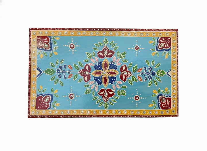 Set of 2 Handmade Indian Blue Floral Jewellery Boxes With Ethnic Design - Hand-Painted Mango Wood Trinket Storage
