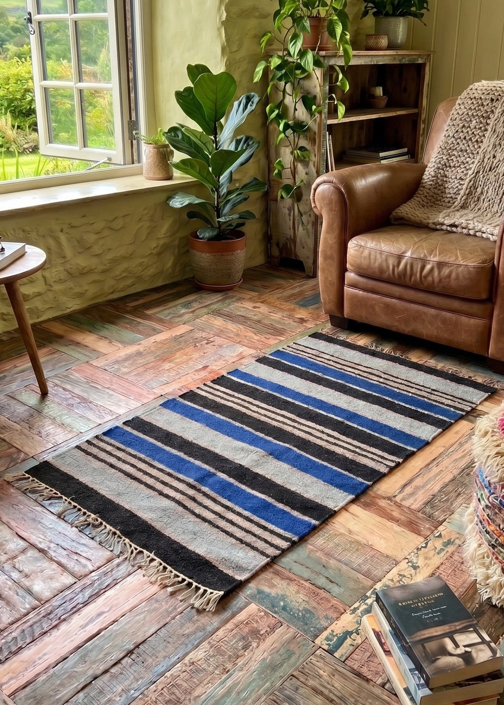 A rustic bohemian living room featuring a striped wool area rug in blue, black, and beige tones on a weathered wood floor. The room includes a brown leather armchair with a knitted throw, a round woven pouf, and a large window looking out onto a green landscape.