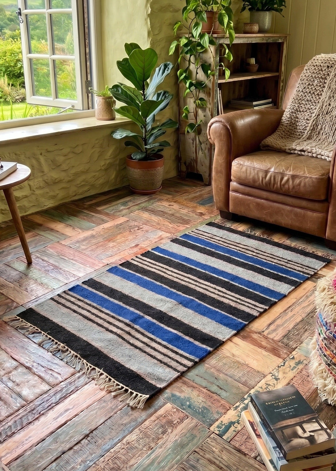A rustic bohemian living room featuring a striped wool area rug in blue, black, and beige tones on a weathered wood floor. The room includes a brown leather armchair with a knitted throw, a round woven pouf, and a large window looking out onto a green landscape.