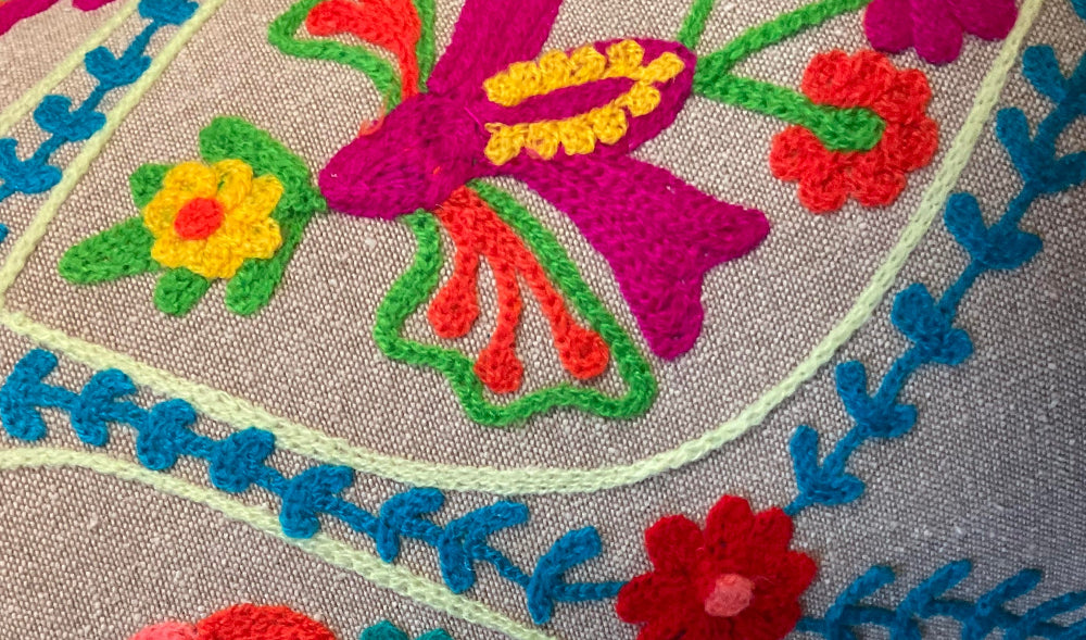 Close-up of colorful embroidered floral patterns on a fabric background