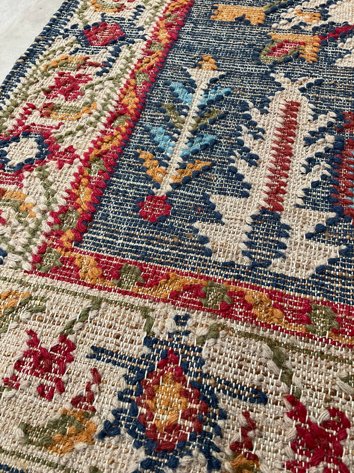 Close-up of a patterned rug with intricate designs and vibrant colors.