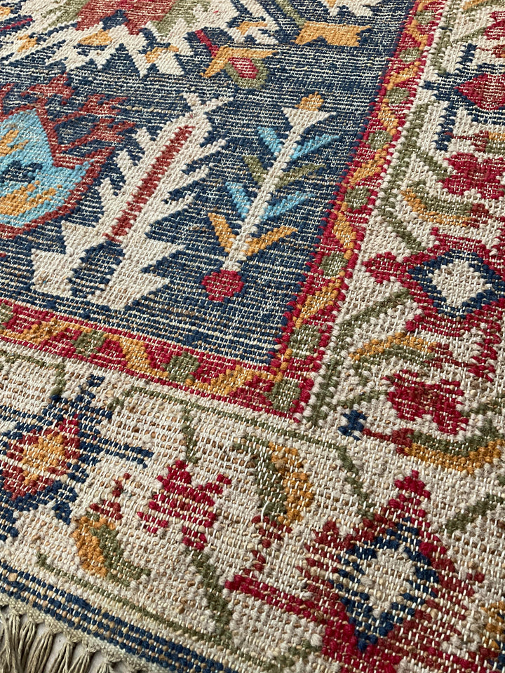 Close-up of a patterned rug with intricate designs and vibrant colors.