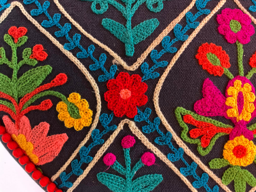 Close-up of embroidered fabric with colorful floral patterns on a black background