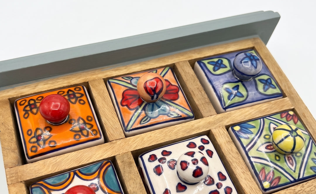 Mango Wood Hand Painted Chalk Blue Spice Trinket Chest 16 Drawers.