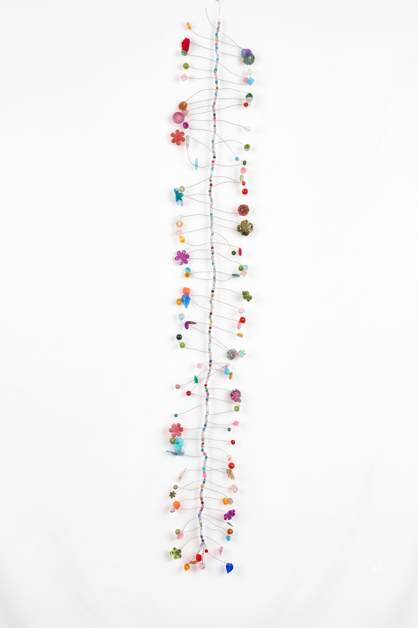 A long, vertical hanging textile or wall hanging made of many small colourful fabric pieces attached to a thin central cord, photographed against a plain white background.