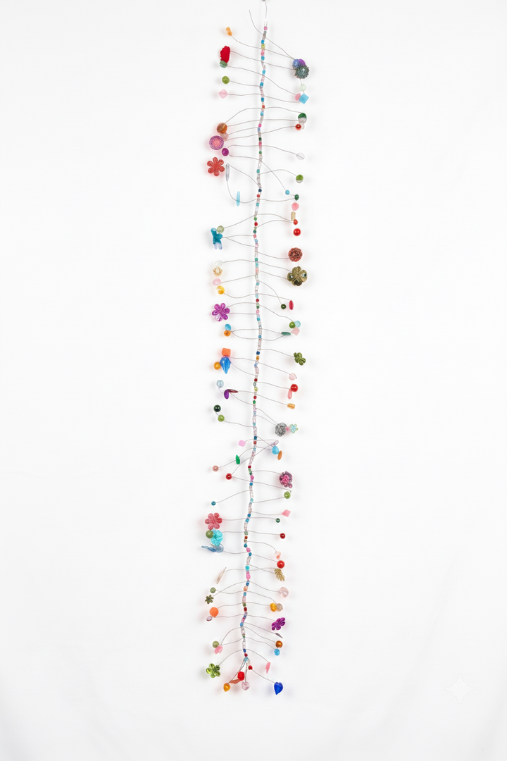 A long, vertical hanging textile or wall hanging made of many small colourful fabric pieces attached to a thin central cord, photographed against a plain white background.