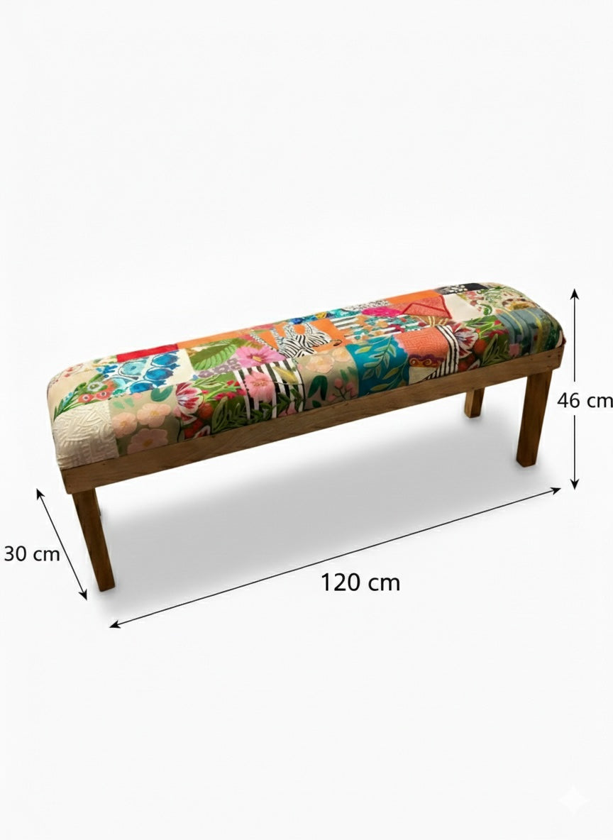 Handmade Patchwork Mango Wood Bench – 120cm Luxury Indian Cotton Upholstered Footstool