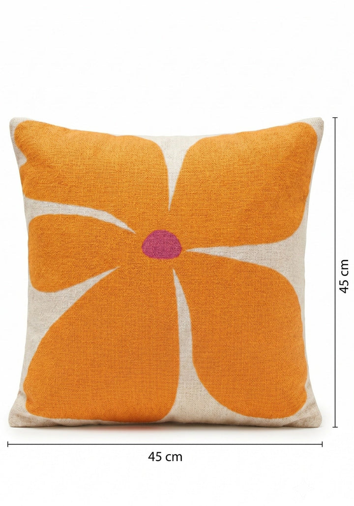 Decorative pillow with orange floral design on a beige background, featuring measurements.