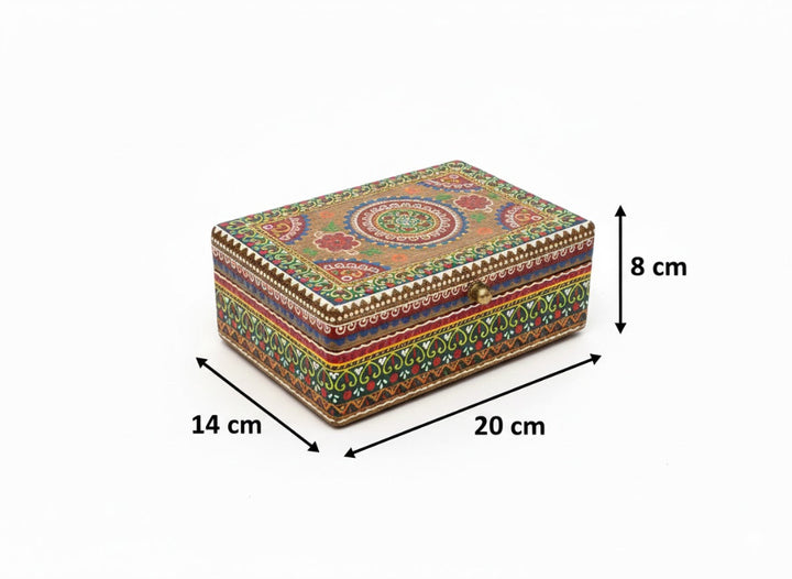 Decorative box with mandala design and measurements on a white background