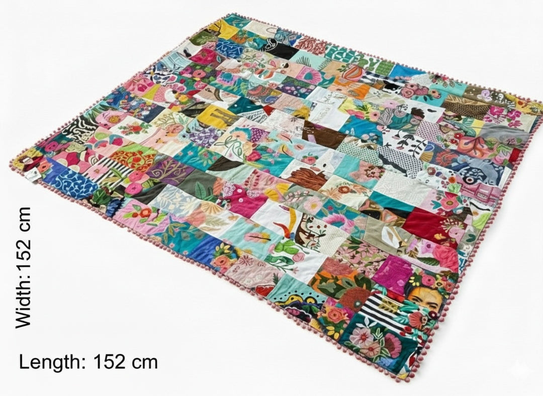 Handmade Large Recycled Cotton Patchwork Throw 152 x 177 cm Luxury Indian Kantha Blanket