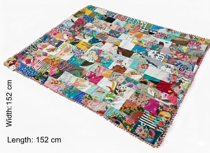 Handmade Large Recycled Cotton Patchwork Throw 152 x 177 cm Luxury Indian Kantha Blanket