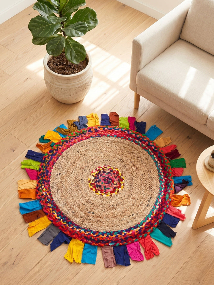 Round jute rug with colourful tassels on a wooden floor, next to a plant and a beige sofa.