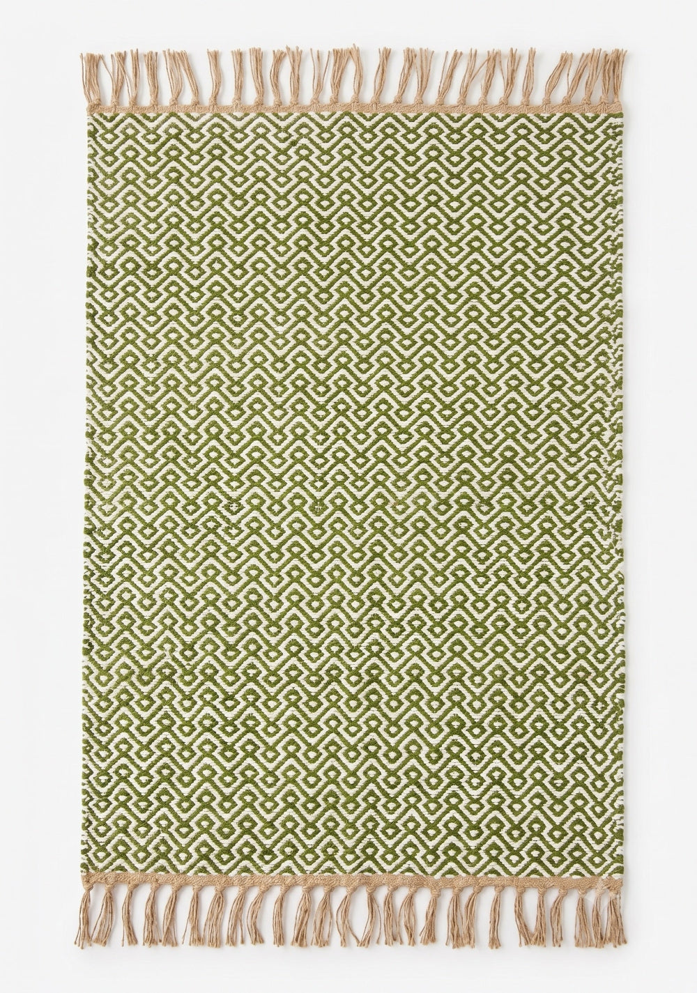 A rectangular woven rug with a repeating geometric pattern in olive green and cream, finished with natural beige fringed tassels on the top and bottom edges, shown flat against a light off-white background.