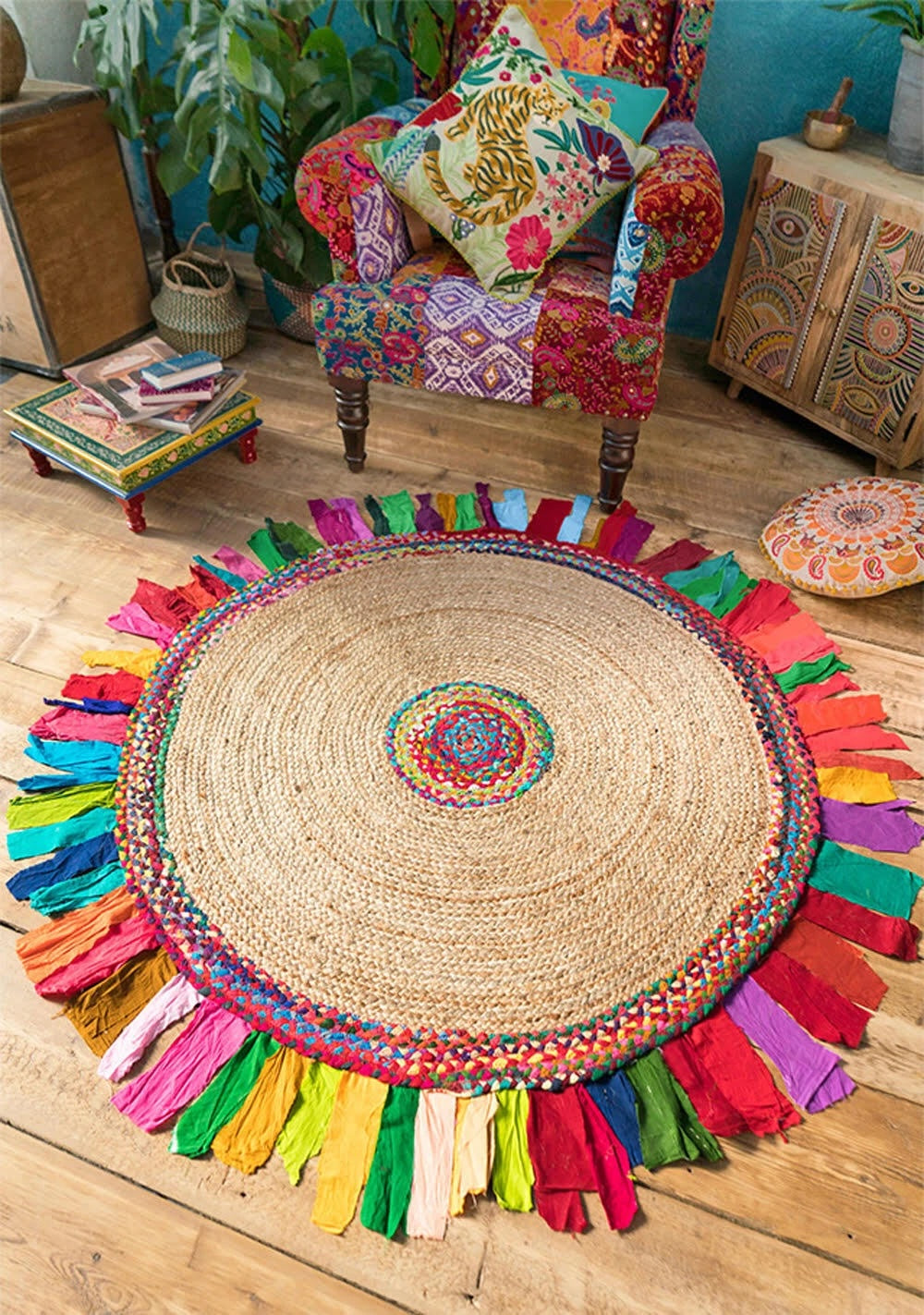 Round Jute Cotton Multi Braided Rug With Frill Two Sizes