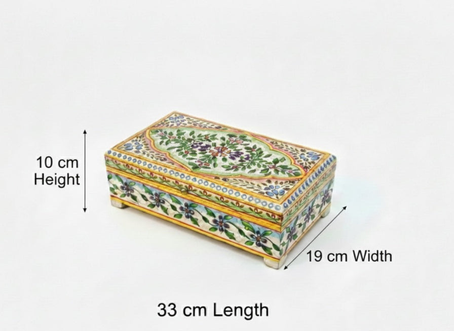 Decorative box with floral patterns and measurements on a white background
