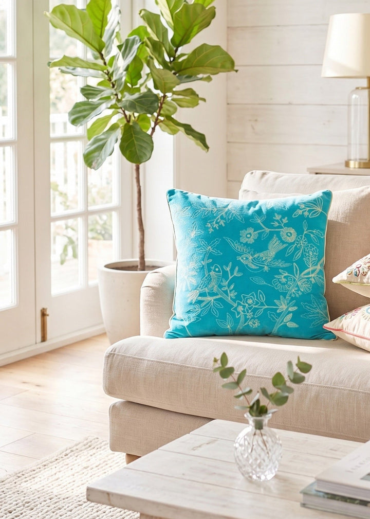 Living room with a beige sofa, blue floral pillow, and a potted plant.