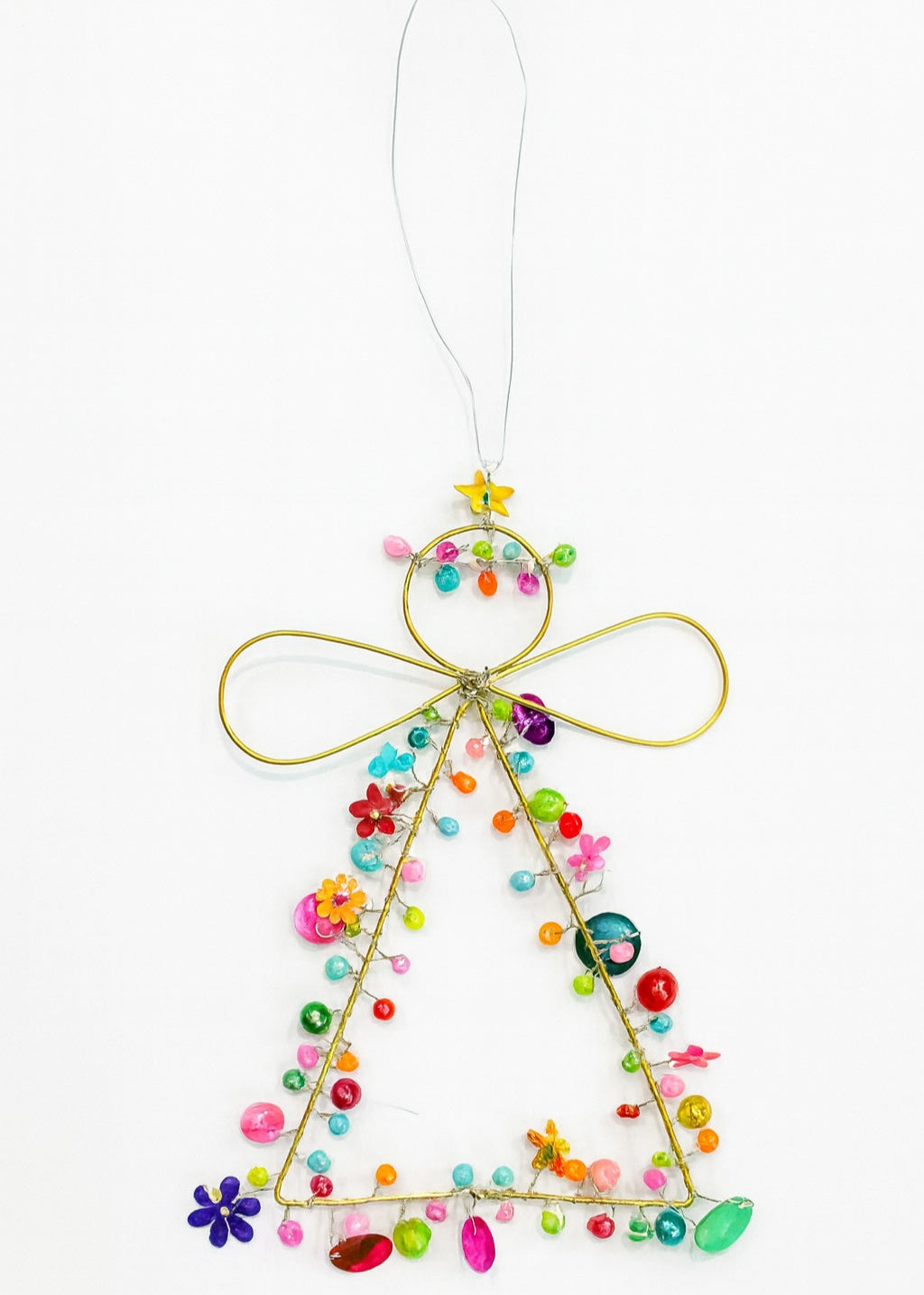 Decorative angel ornament with colourful beads on a white background