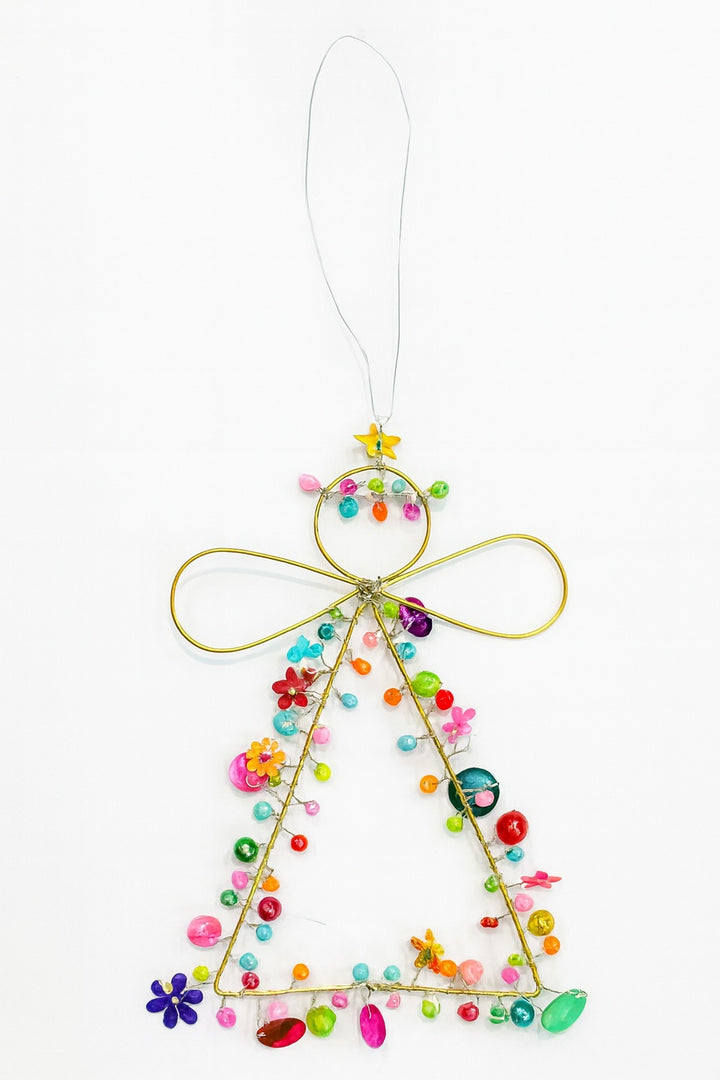 Handmade Wire Angel Decoration – 12cm Gold Wire with Multi Colour Beads & Sequins