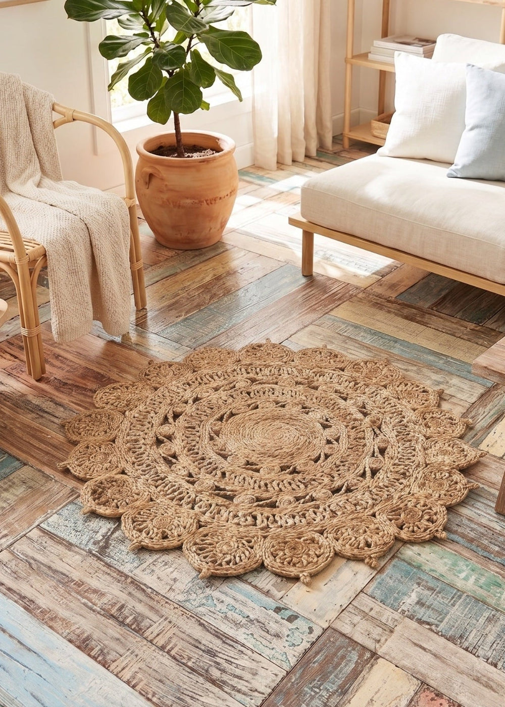 Living room with a wooden rug, sofa, and decorative items.
