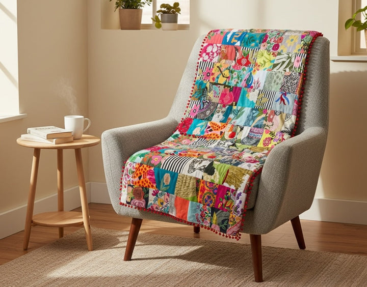 Colourful quilt draped over a chair in a room with a small table and plants.