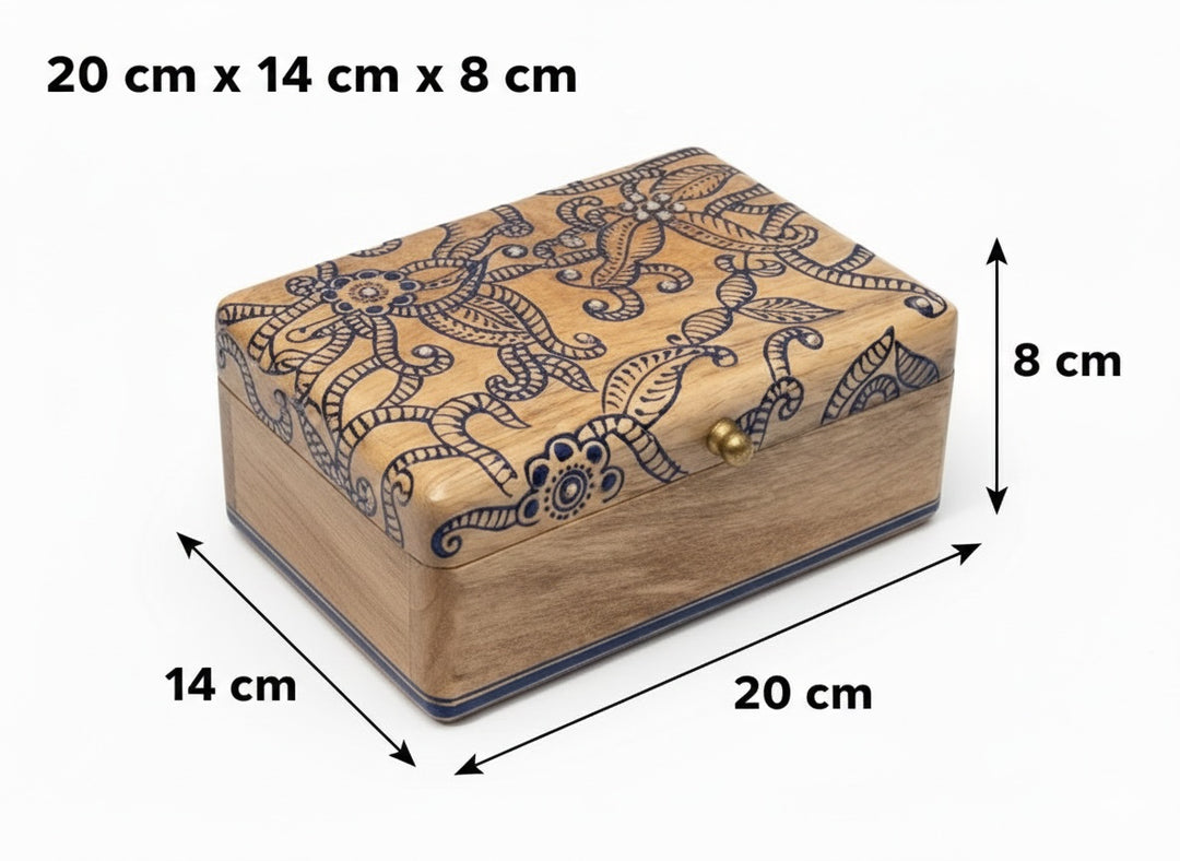Hand-Painted Indian Mango Wood Jewellery & Keepsake Boxes - Set of 2 (Natural and Blue Ethnic Design)