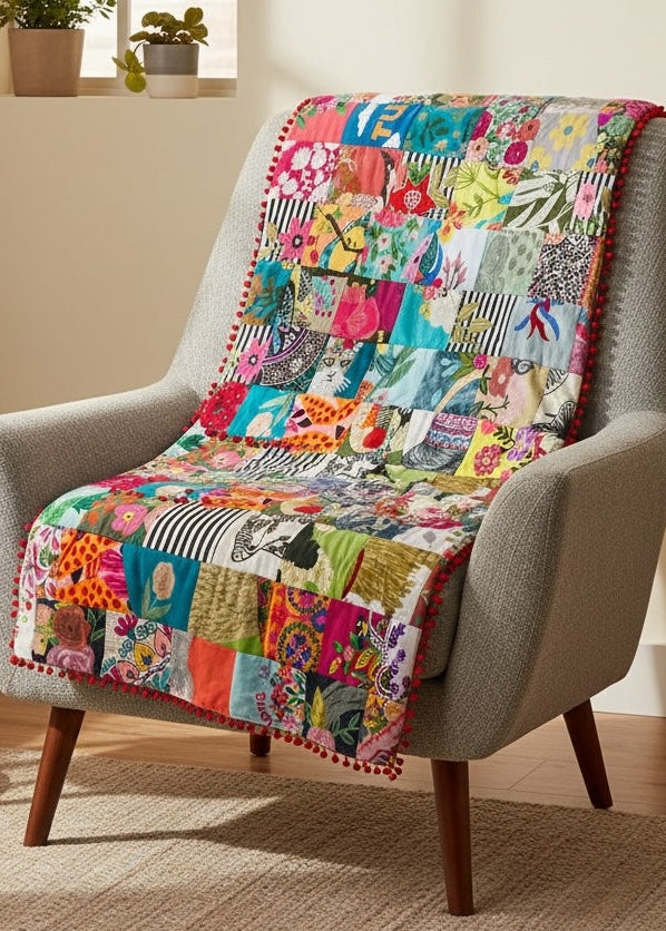 Colourful quilt draped over a chair in a cosy room with a small table and plants.
