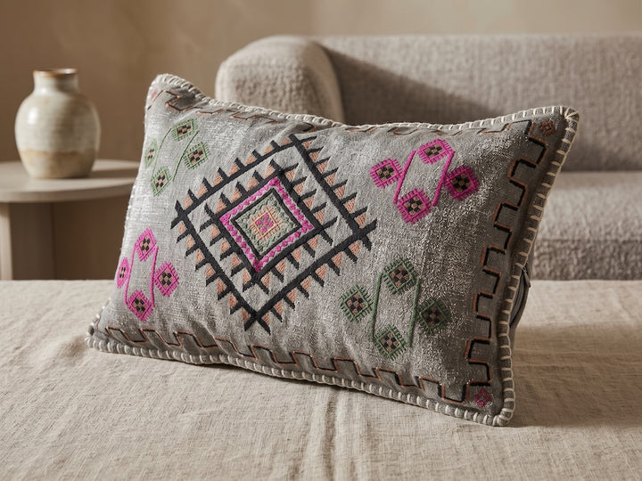 Stonewash Cushion Cover with Indian Embroidery Detail Only Grey Left