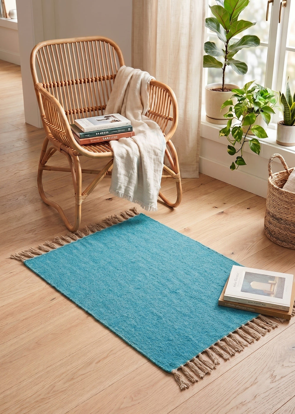 Turquoise Plain Rug on a wooden floor with chair.