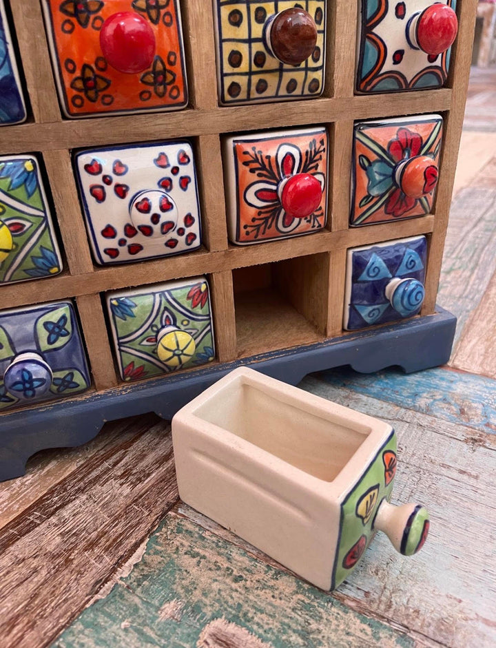 Mango Wood Hand Painted Blue Multi Colour Ceramic 16 Drawer Chest