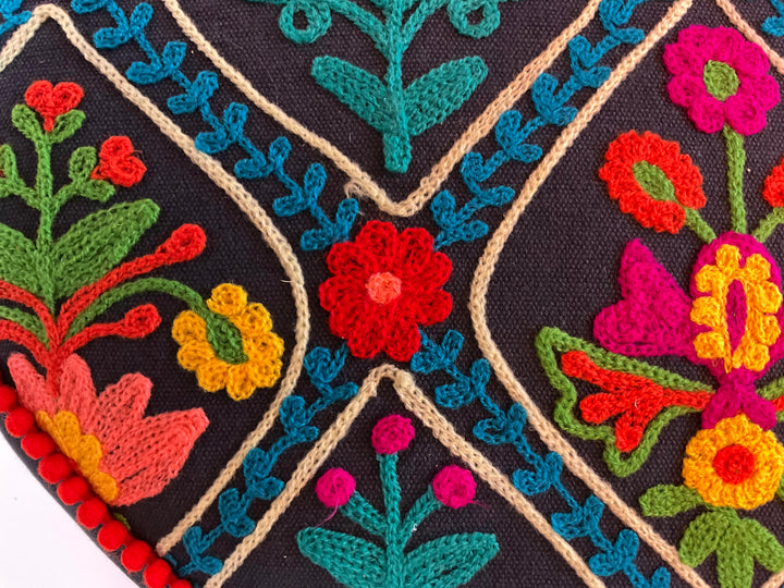 Indian Cotton Embroidered Mini Pouffe Floor Cushion Handwoven – Decorative Yoga & Sofa Cushion (40 x 10 cm) - 4 Colours