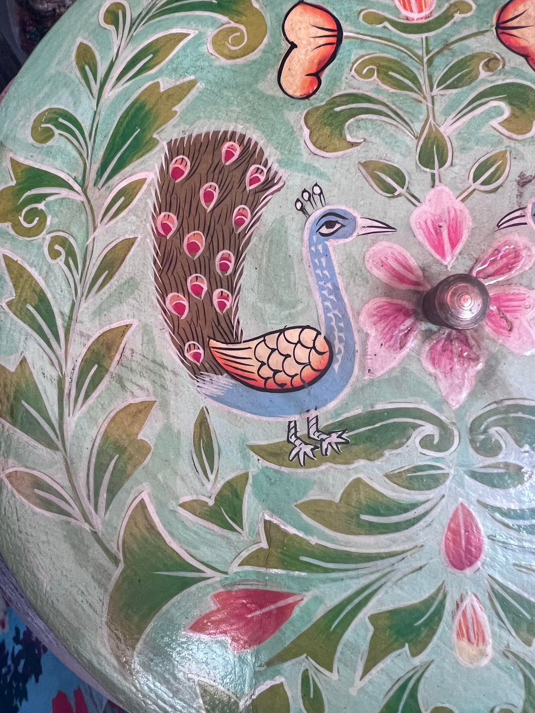 Hand Painted Indian Peacock Green Round Box