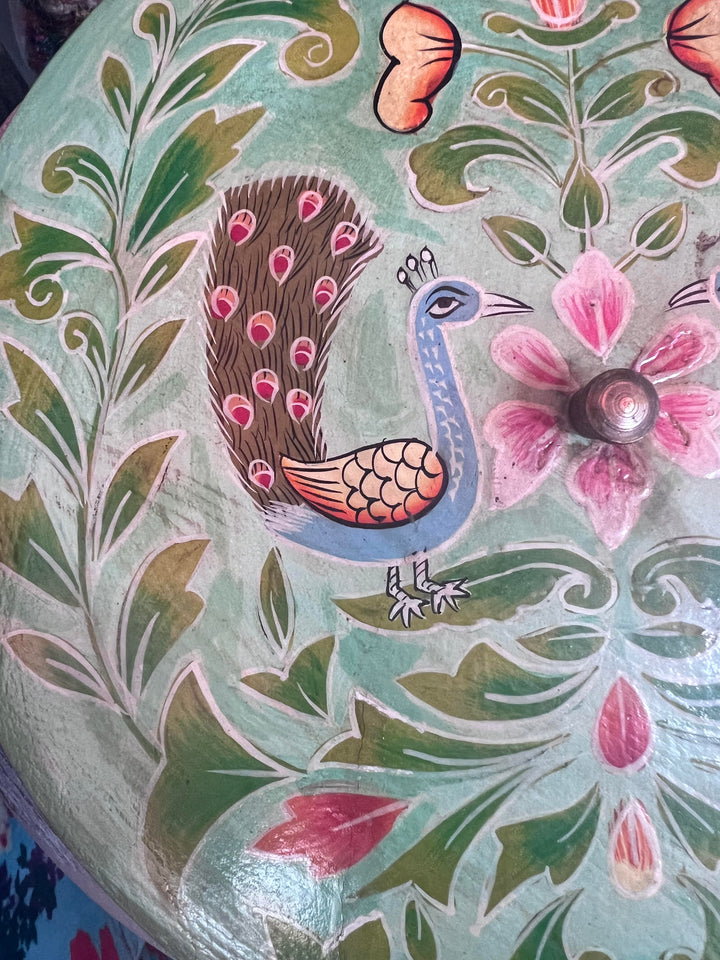 Hand Painted Indian Peacock Green Round Box