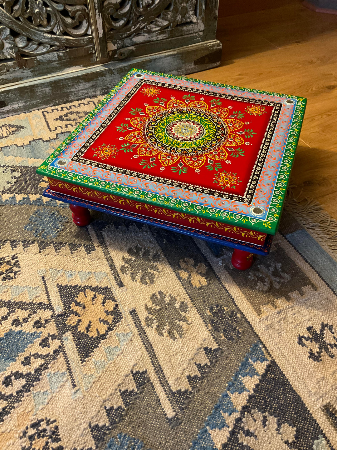 Hand-Painted Indian Bajot Table – 46cm Red & Green Mandala Pooja Chowki