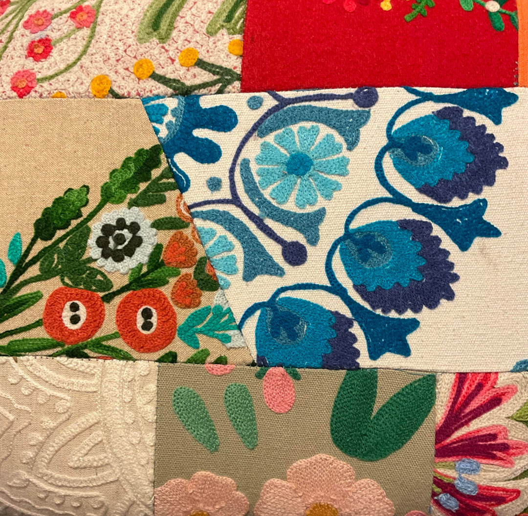 Handmade Patchwork Mango Wood Bench – 120cm Luxury Indian Cotton Upholstered Footstool