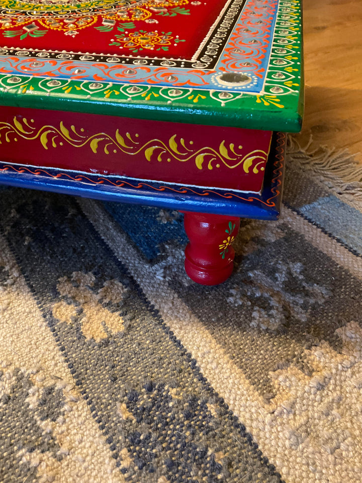 Hand-Painted Indian Bajot Table – 46cm Red & Green Mandala Pooja Chowki