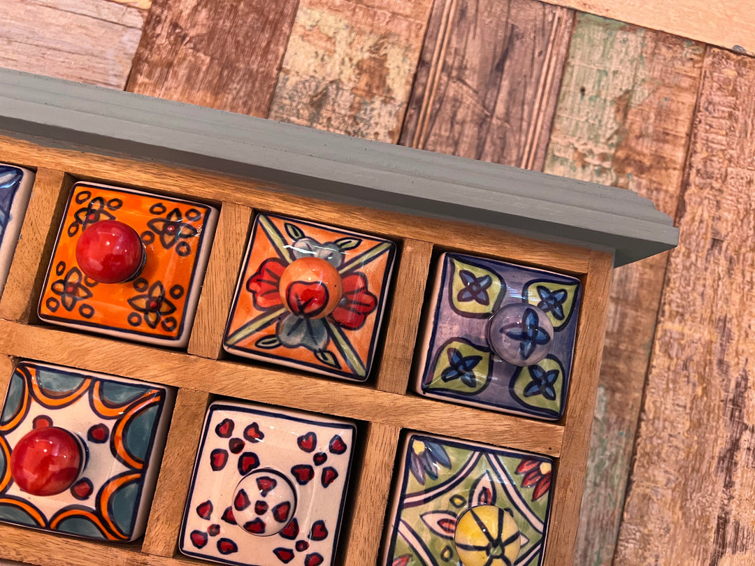 Mango Wood Hand Painted Chalk Blue Spice Trinket Chest 16 Drawers.