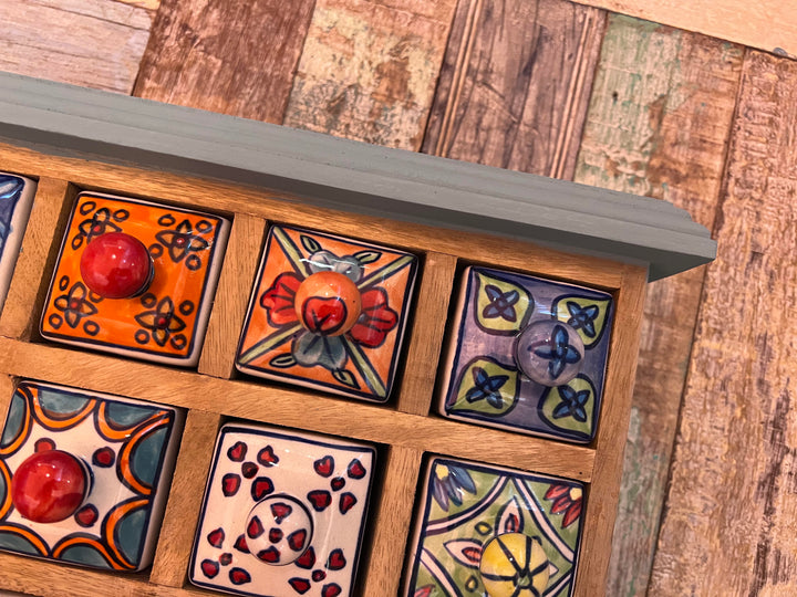 Mango Wood Hand Painted Chalk Blue Spice Trinket Chest 16 Drawers.