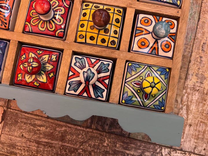 Mango Wood Hand Painted Chalk Blue Spice Trinket Chest 16 Drawers.