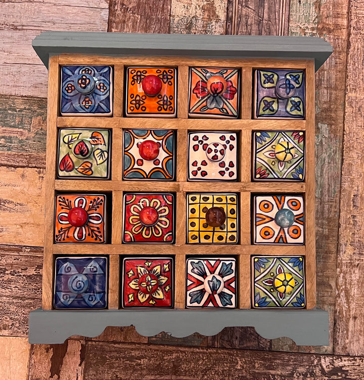 Mango Wood Hand Painted Chalk Blue Spice Trinket Chest 16 Drawers.