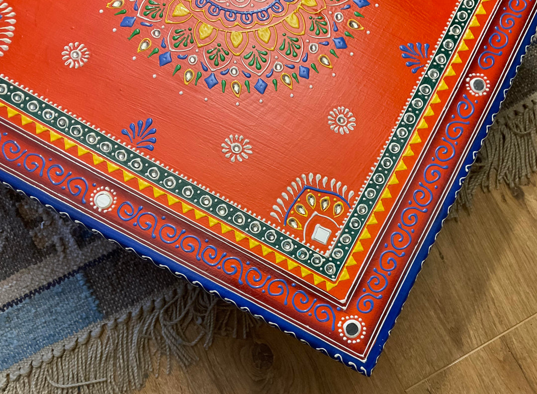 Hand-Painted Orange Indian Bajot Table 46cm Wooden Pooja Chowki & Boho Coffee Table