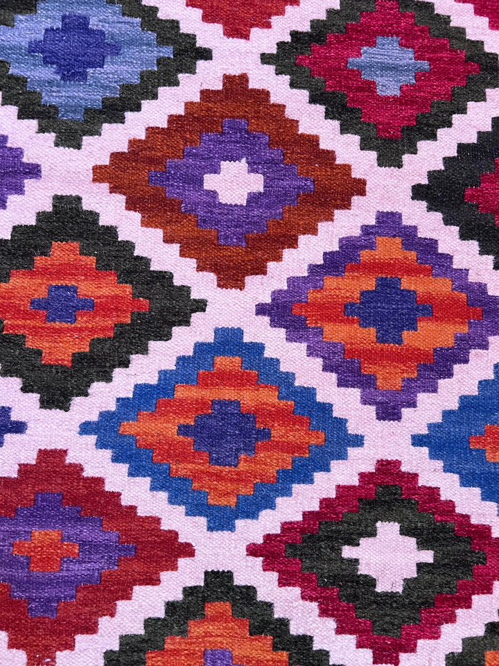 Kilim Rug Red Green Handwoven Wool and Cotton with Geometric Design