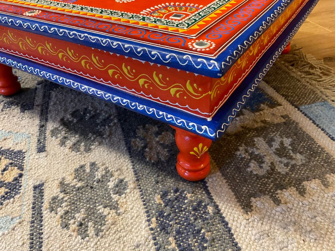 Hand-Painted Orange Indian Bajot Table 46cm Wooden Pooja Chowki & Boho Coffee Table