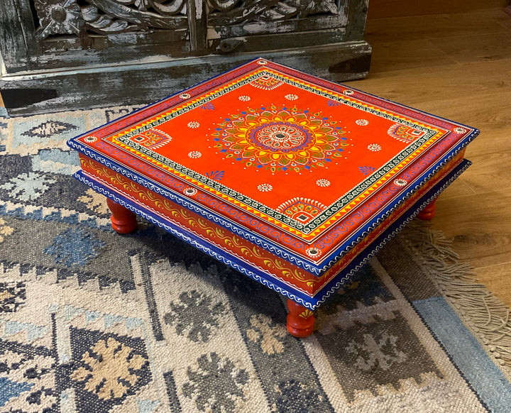 Hand-Painted Orange Indian Bajot Table 46cm Wooden Pooja Chowki & Boho Coffee Table
