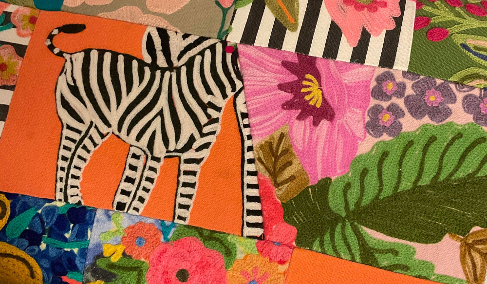 Colorful fabric with a zebra design and floral patterns