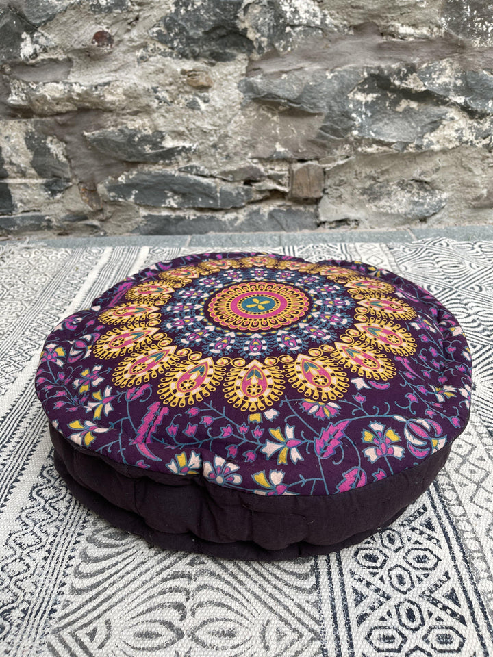 Round Yoga Cushion for Pilates and Meditation in Peacock Design - Second Nature Online